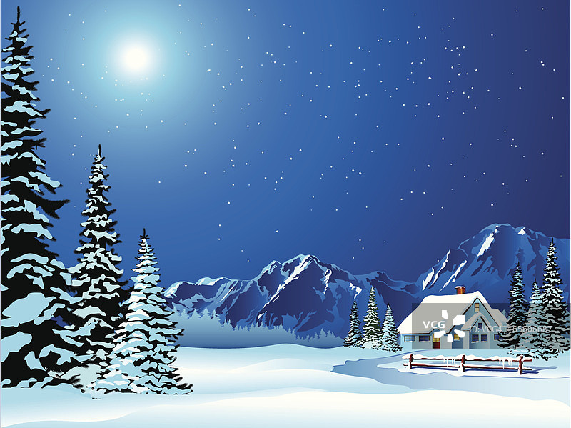 白雪覆盖的农舍的卡通冬季景观图片素材