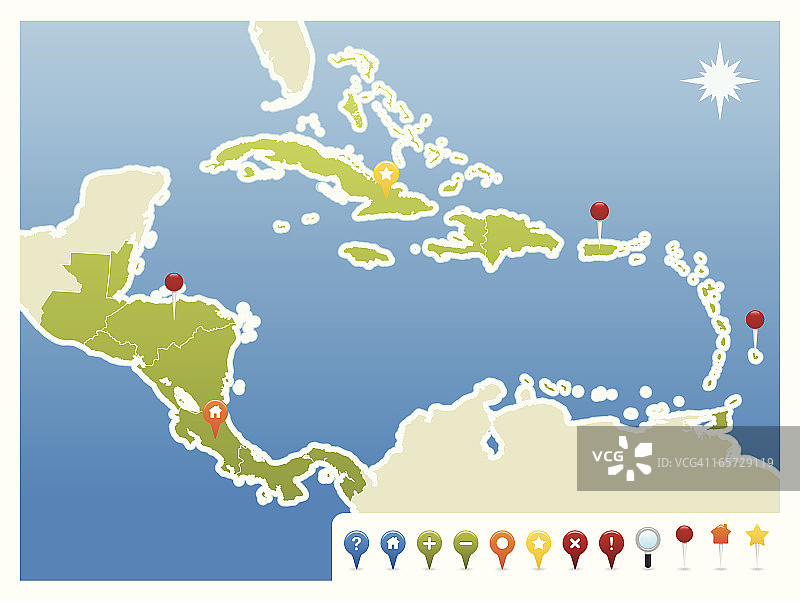 中美洲和加勒比GPS图标地图图片素材