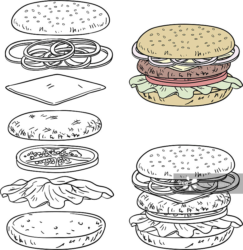 线条艺术风格的汉堡配料图片素材