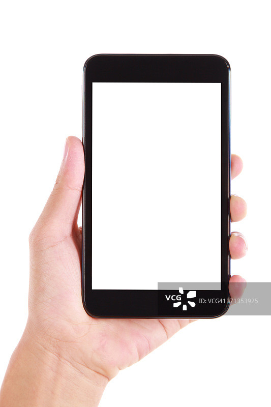 手持空白屏幕智能手机在白色背景图片素材