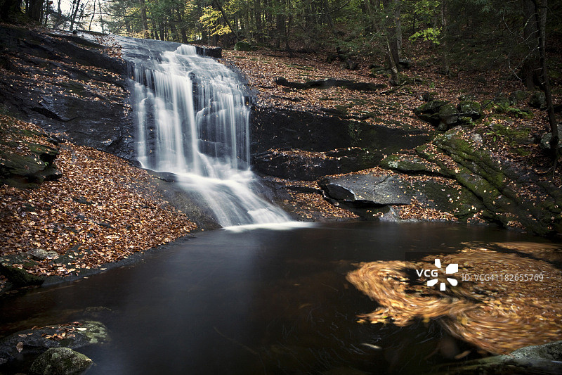 秋天，一条小河在树林里流过瀑布。图片素材