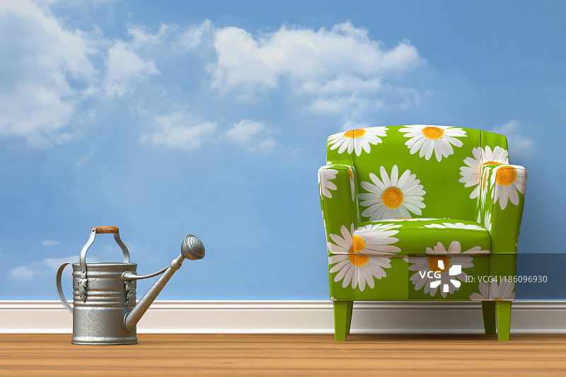 雏菊图案的扶手椅，喷壶和天空图片素材