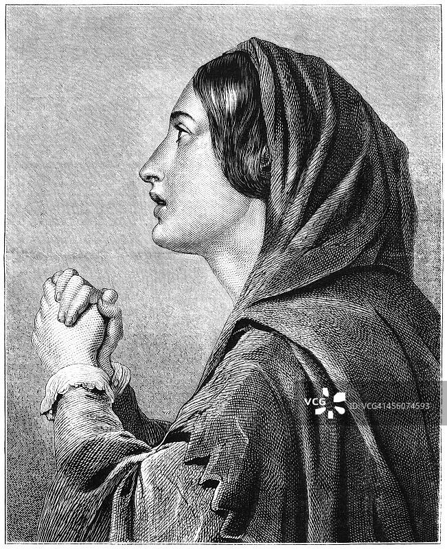 祈祷中的女人(维多利亚时代的插图)图片素材