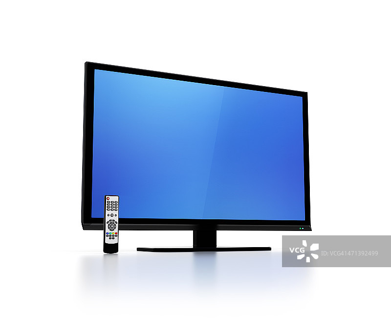 带遥控器的平板高清电视的蓝屏图片素材