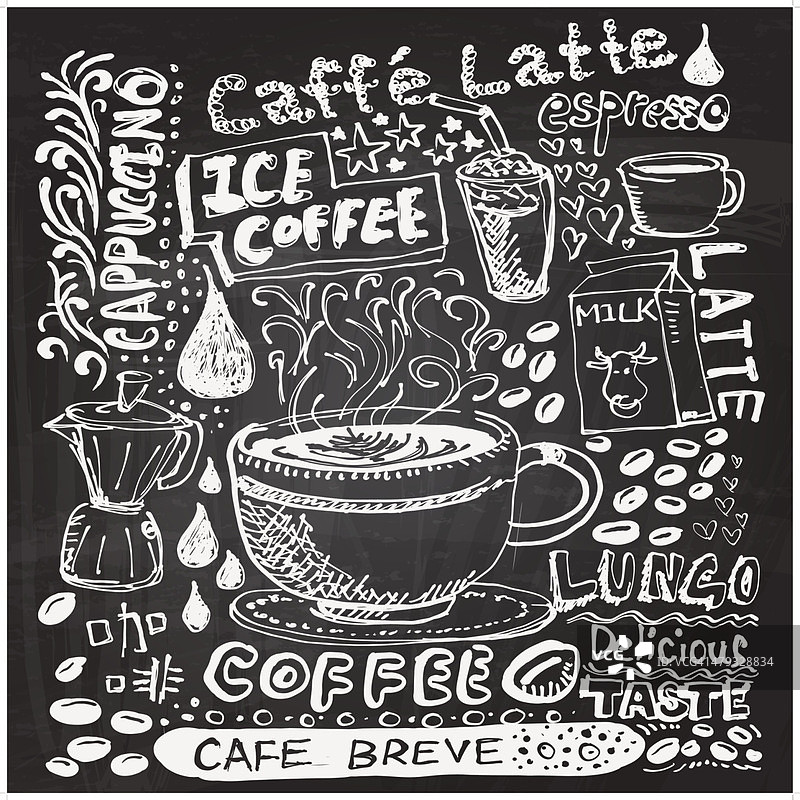 咖啡元素在黑色和白色素描图片素材