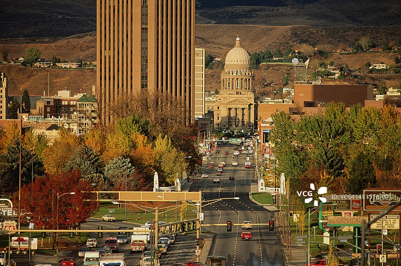 美国，爱达荷州，博伊西，州议会和市中心地区，升高图片素材