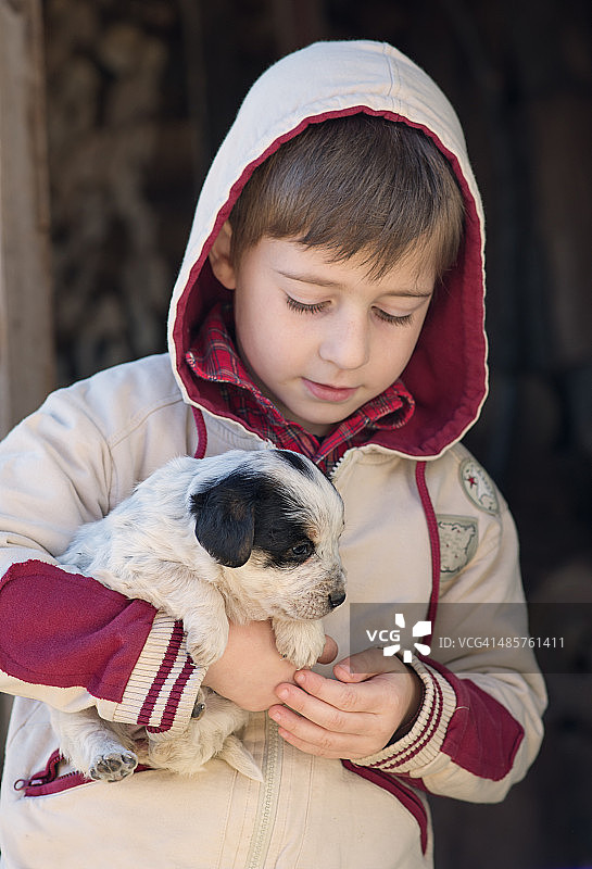 小男孩抱着小流浪狗图片素材