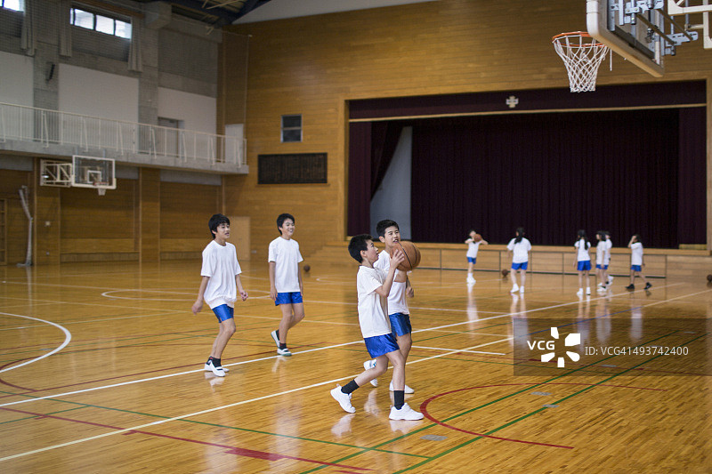 日本孩子在学校体育馆练习篮球图片素材