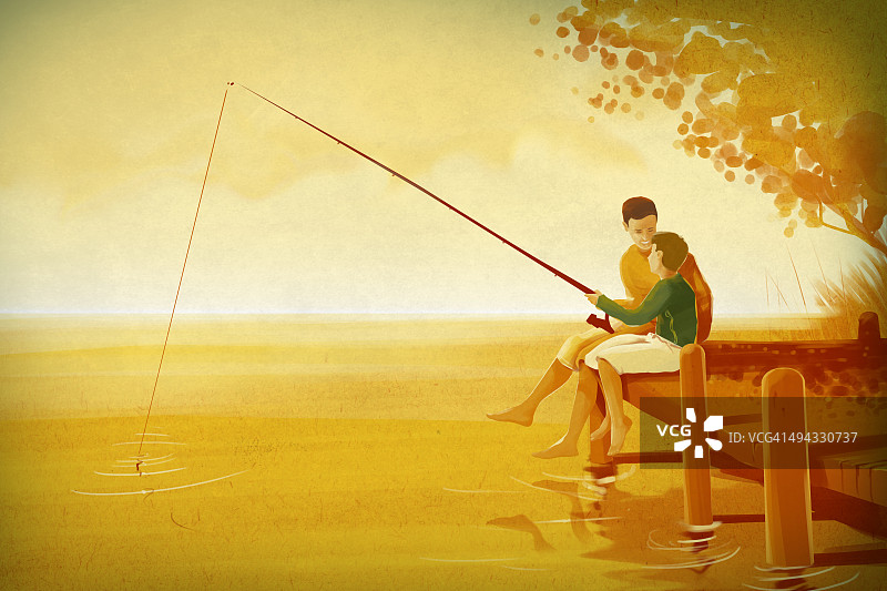 父子在湖中钓鱼的插图图片素材