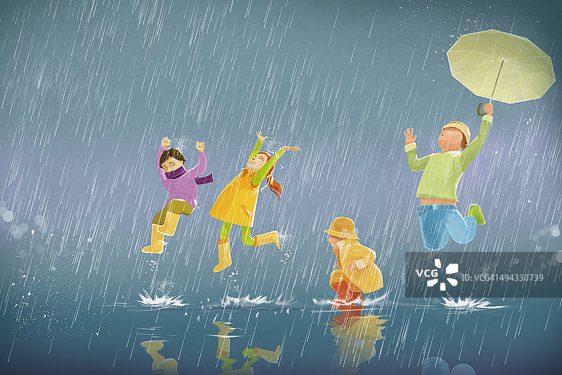 孩子们在雨中享受的插图图片素材