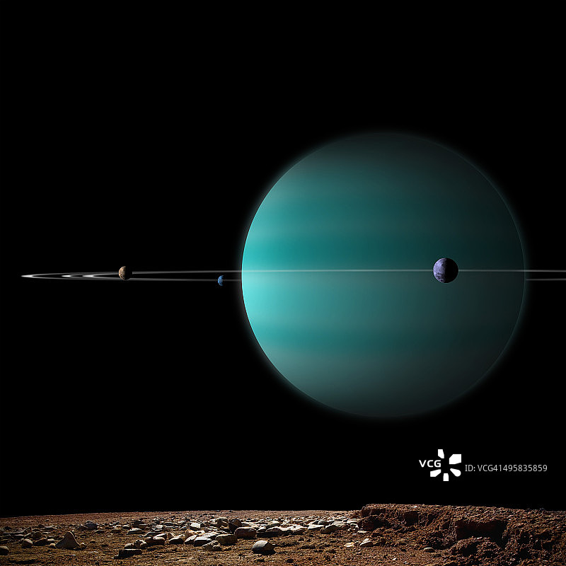 艺术家描绘的一颗被其卫星环绕的环状气体巨行星。图片素材