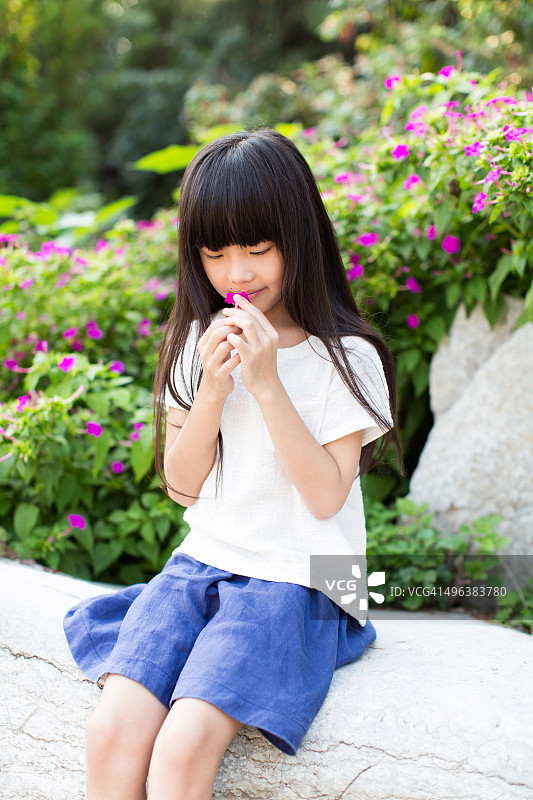 中国小女孩和牵牛花图片素材