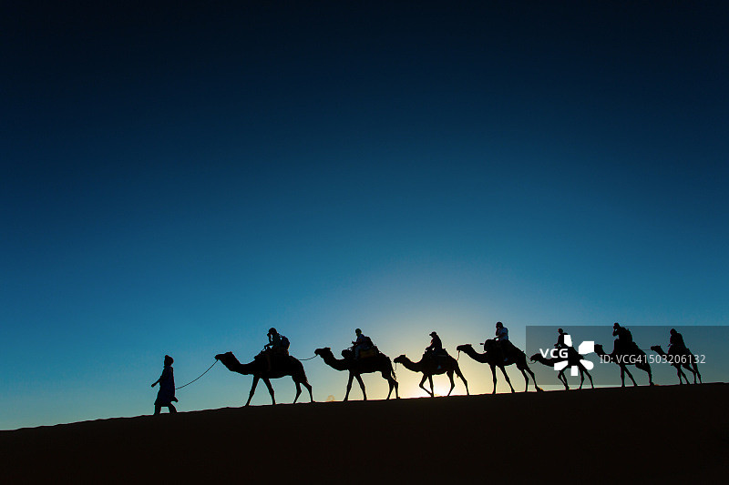 日落时分骆驼商队穿过沙漠的剪影。图片素材