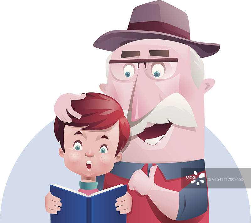 男孩和爷爷一起读书图片素材