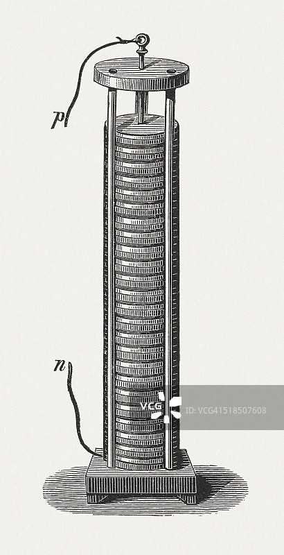 亚历山德罗·伏特(Alessandro Volta)于1880年出版的第一款电池——光伏堆图片素材