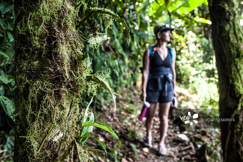 在哥斯达黎加的丛林中徒步旅行和携带水瓶的妇女图片素材