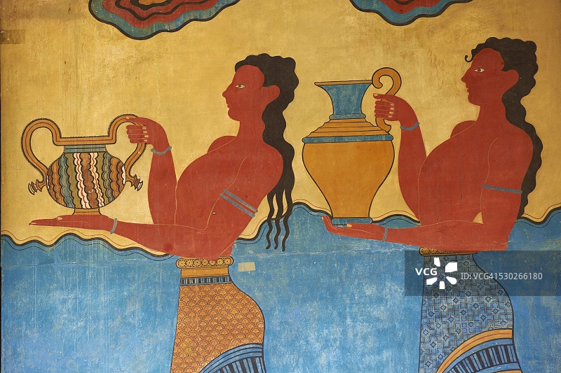 壁画，游行走廊，克诺索斯的米诺斯考古遗址，克里特岛，希腊，欧洲图片素材