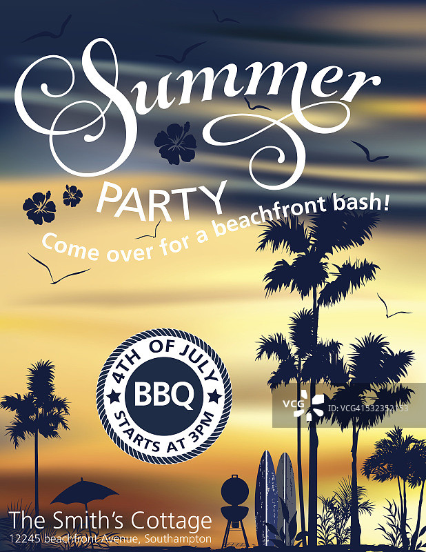 夏日海滩派对邀请棕榈树和日落图片素材