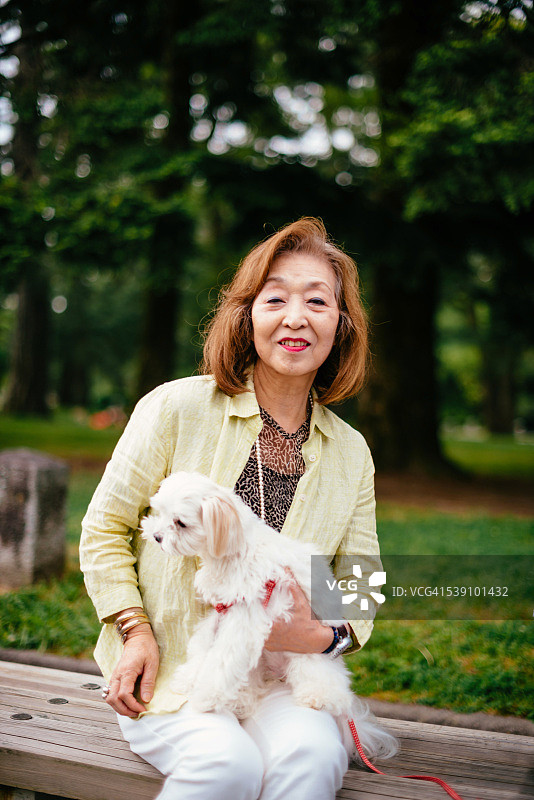 一名日本老妇人与马耳他犬在公园里的画像图片素材