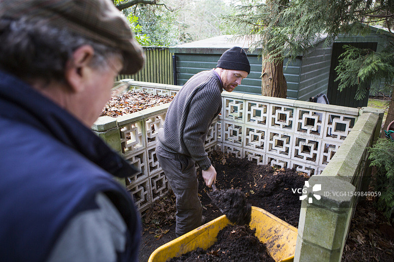 两名男子在花园一起工作，伯恩茅斯，多塞特郡，英国，欧洲图片素材
