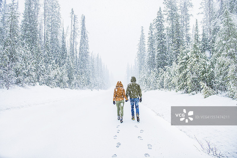 一对白种人夫妇走在白雪覆盖的森林路上图片素材
