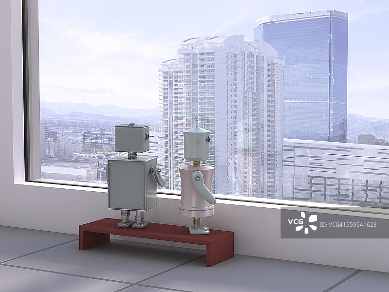 男女机器人在窗前看天际线，3D渲染图片素材