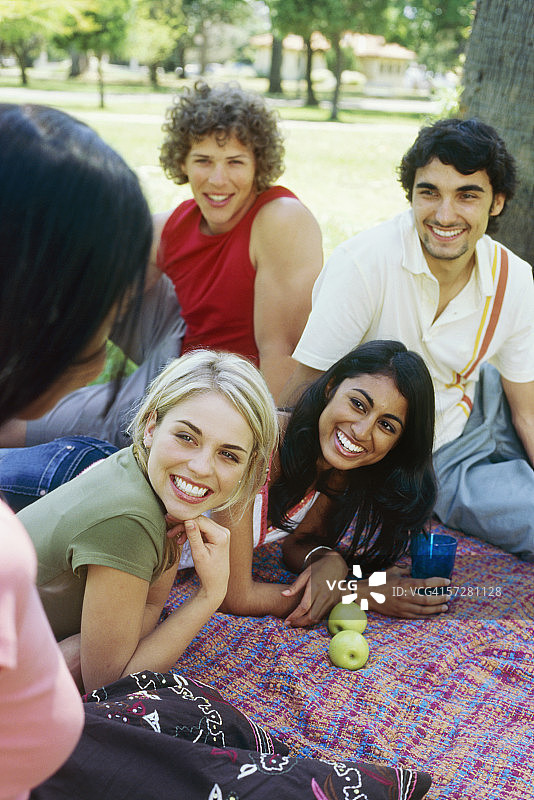 三个年轻的女人和两个年轻的男人正在公园里野餐图片素材