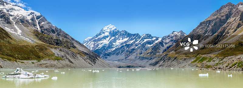 全景图的胡克冰川湖与奥拉基山库克在背景图片素材
