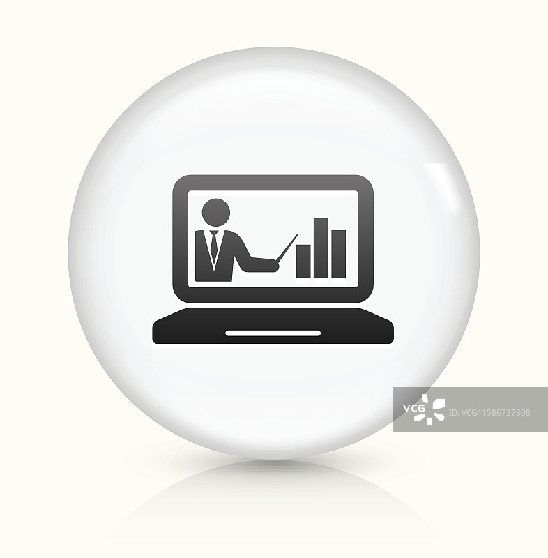 笔记本电脑和进度演示图标上的白色圆形矢量按钮图片素材
