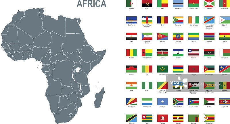 灰色的非洲地图与旗帜在白色的背景图片素材