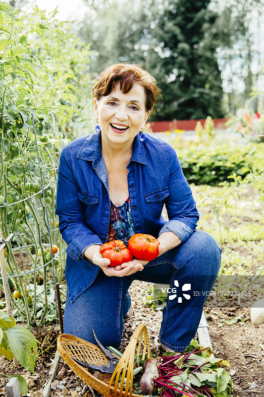 一个白人女人在花园里捧着西红柿图片素材