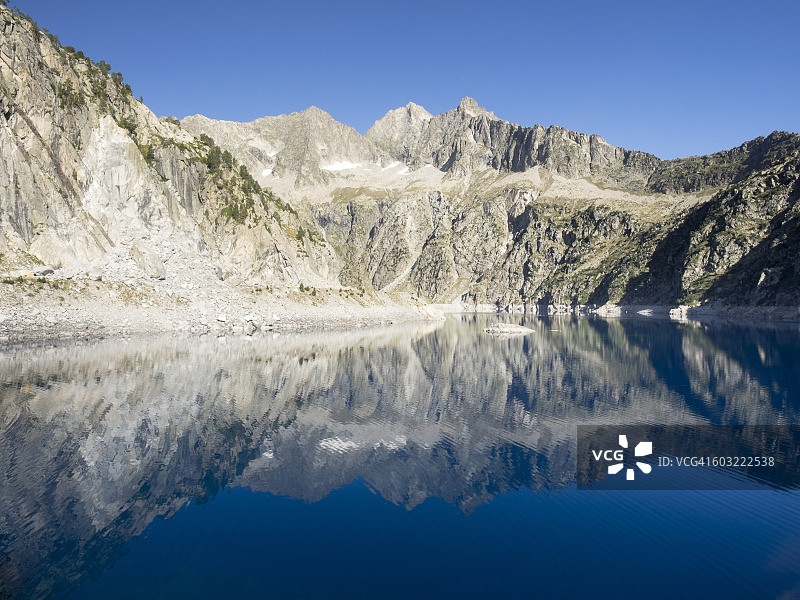 法国比利牛斯山，夏季蓝色的高山湖泊，被白雪覆盖的山顶所包围图片素材