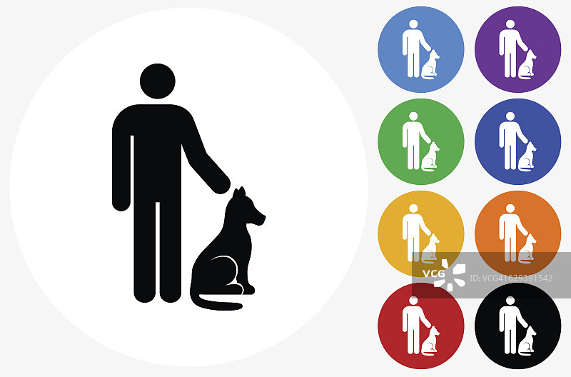 人和狗的图标在平面颜色的圆圈按钮图片素材