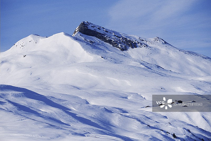低角度的雪山，瑞士阿尔卑斯山，达沃斯，格劳宾登广州，瑞士图片素材