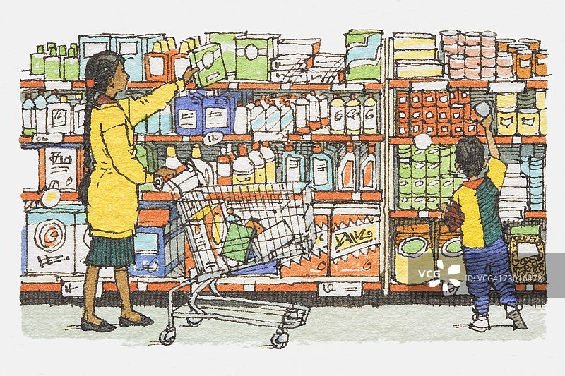 插图中，母子站在超市货架前，货架上放着洗衣粉、清洁剂和罐头产品。图片素材