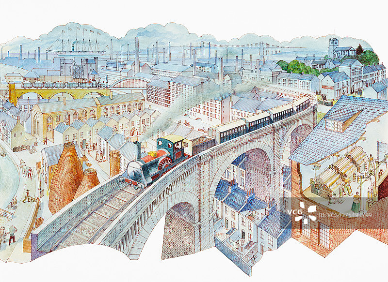 蒸汽火车穿过高耸于工业城镇屋顶之上的桥图片素材