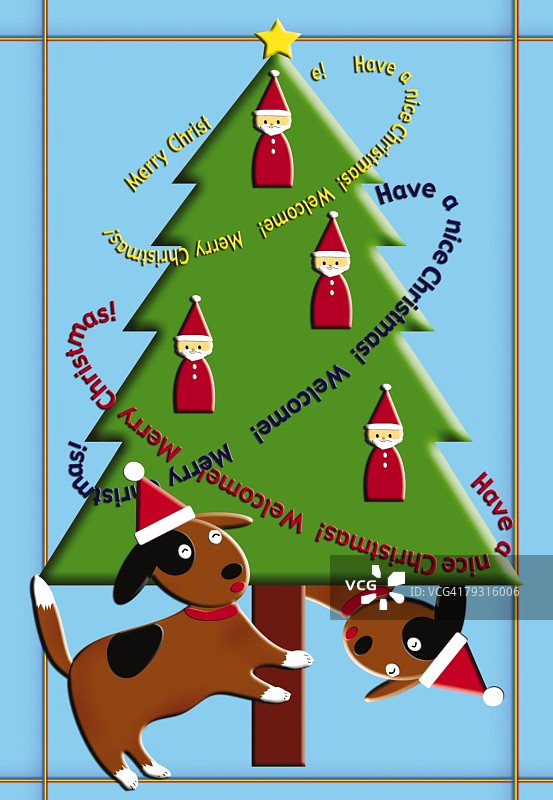 画圣诞树玩狗，插图图片素材