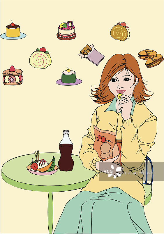 坐着吃零食的女人，正面观图片素材