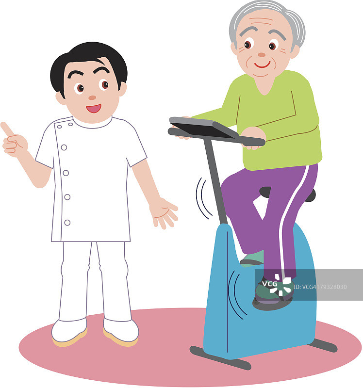 护士协助老人进行治疗，老人骑健身自行车图片素材