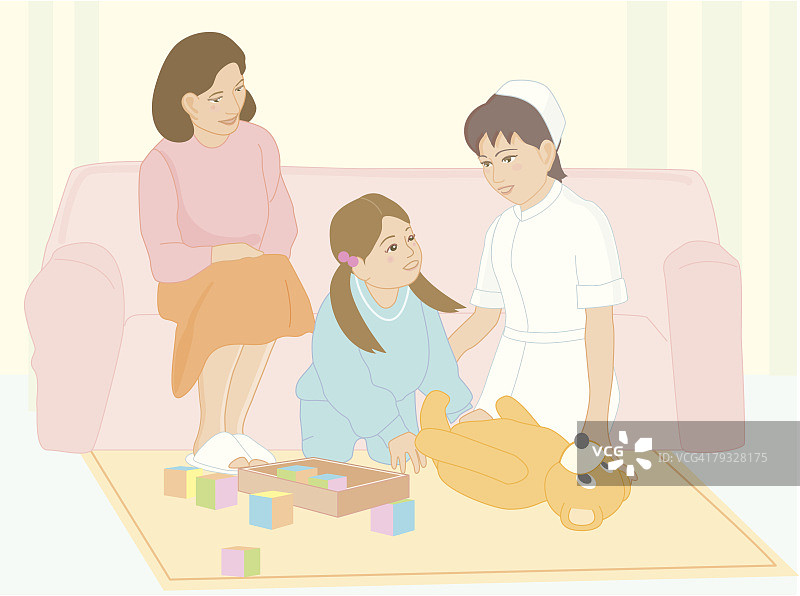 护士与儿童病人玩耍，插图图片素材