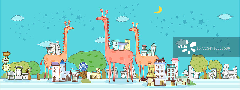 插画的长颈鹿站在道路上的建筑对天空图片素材