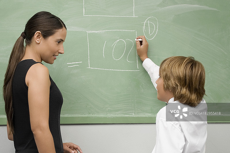 一个男孩在黑板上写字，老师看着他图片素材
