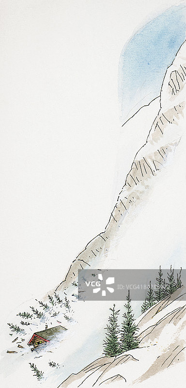 雪崩时小屋从积雪覆盖的山上滑下来的插图图片素材