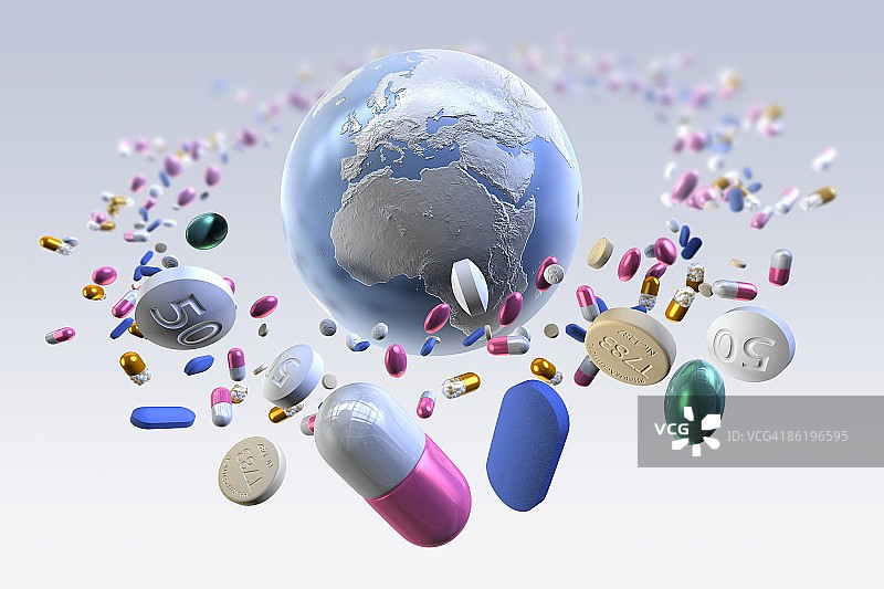 药丸和药物环绕着欧洲和非洲的地球图片素材