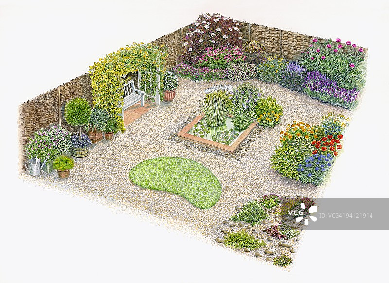 家庭花园的插图与色彩缤纷的草药和花坛，水花园，盆栽植物和pat图片素材