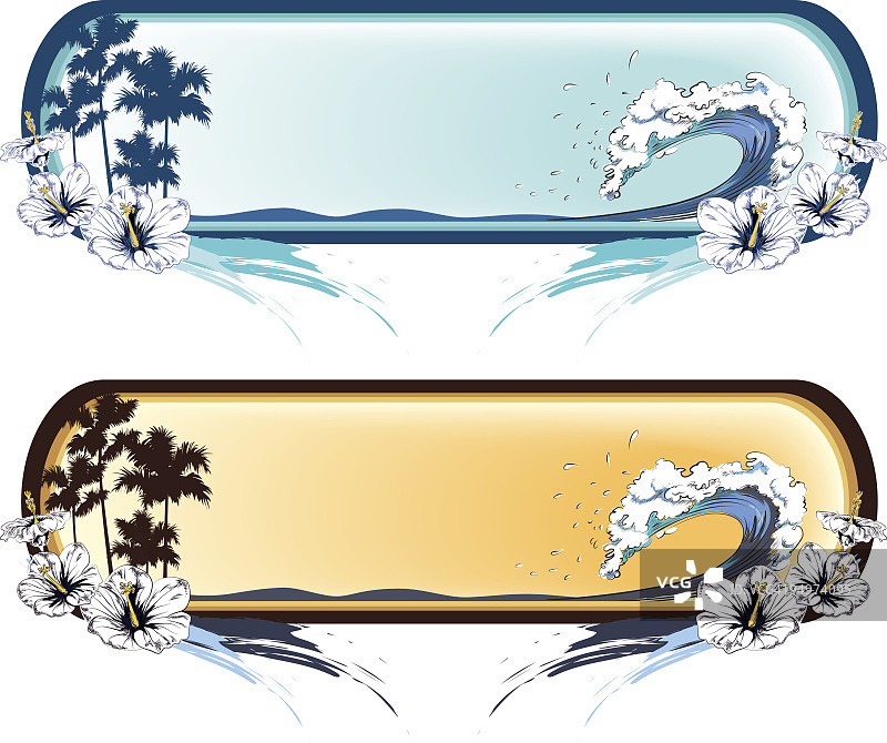 两个冲浪横幅与棕榈树，波浪和芙蓉花图片素材