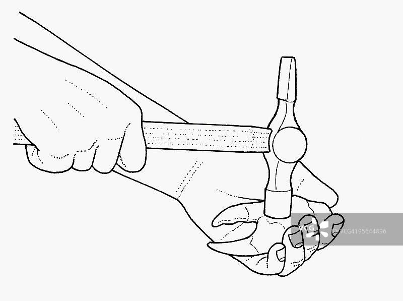 用锤子敲碎掌心的蟹爪的黑白插图图片素材