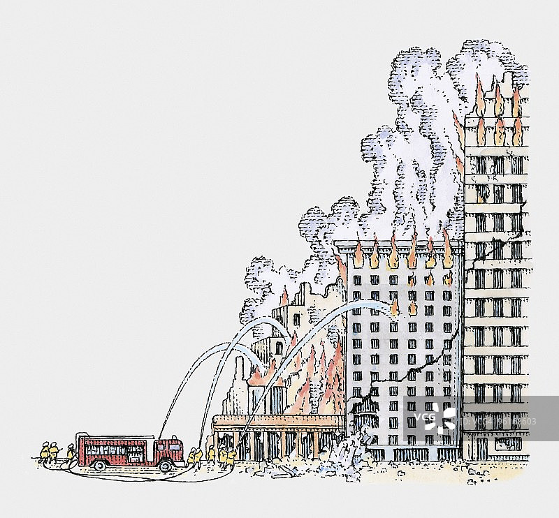 消防队员在城市街区灭火的插图图片素材