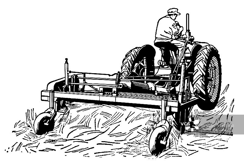 一幅黑白版本的老式插图，画的是一个男人开着拖拉机在田里干活图片素材