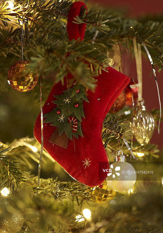 红色圣诞袜挂在树上的细节图片素材